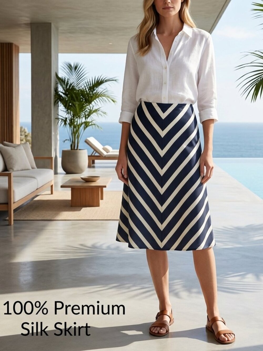 NWOT Hilfiger Women 14 Pure Silk Midi Skirt Lined Flowy Stripe Navy/White Preppy